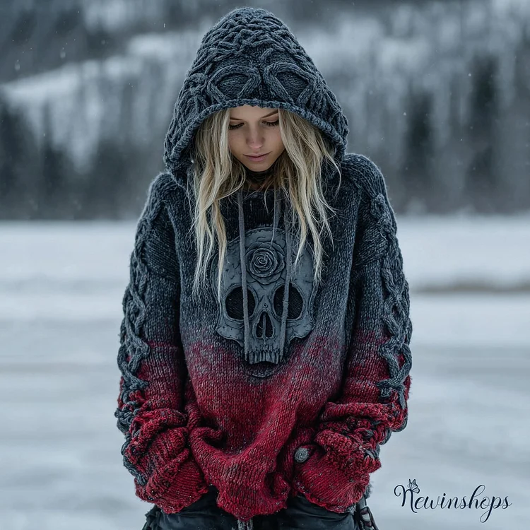 Women's Vintage Viking Tribal Celtic Skull Gradient Hooded Sweater