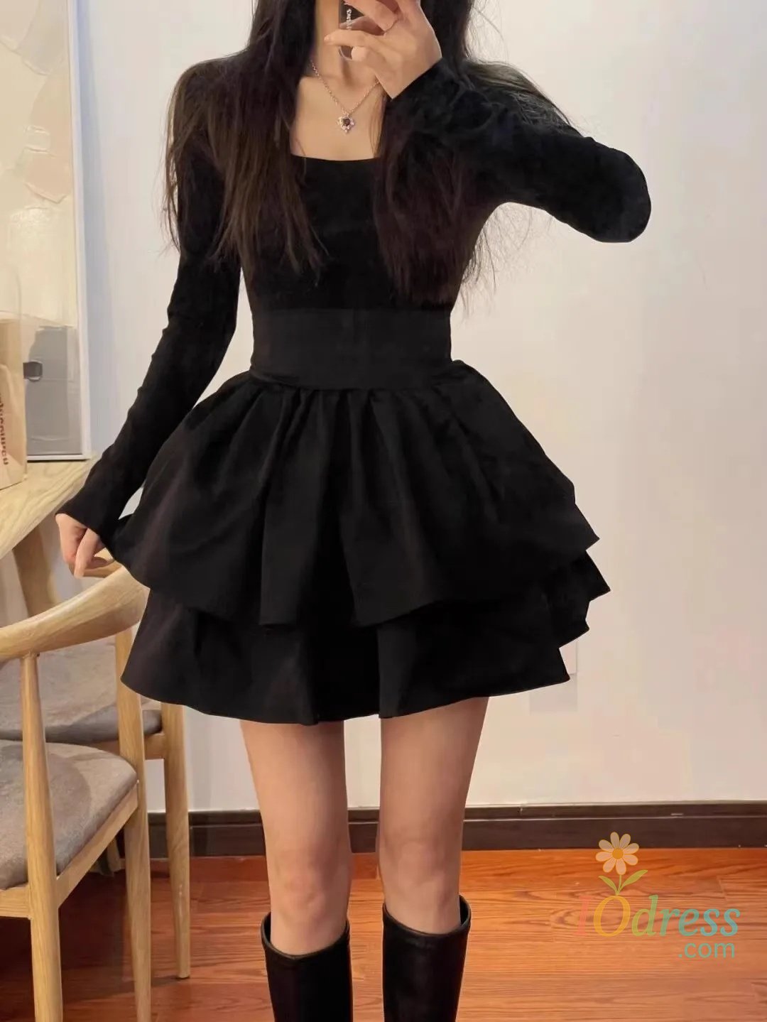 IO Dress Hebe Style Black Swan French Slimming Waist Dress Mini Princess Skirt Women's Full Sleeve Square Collar Autumn Winter Dress