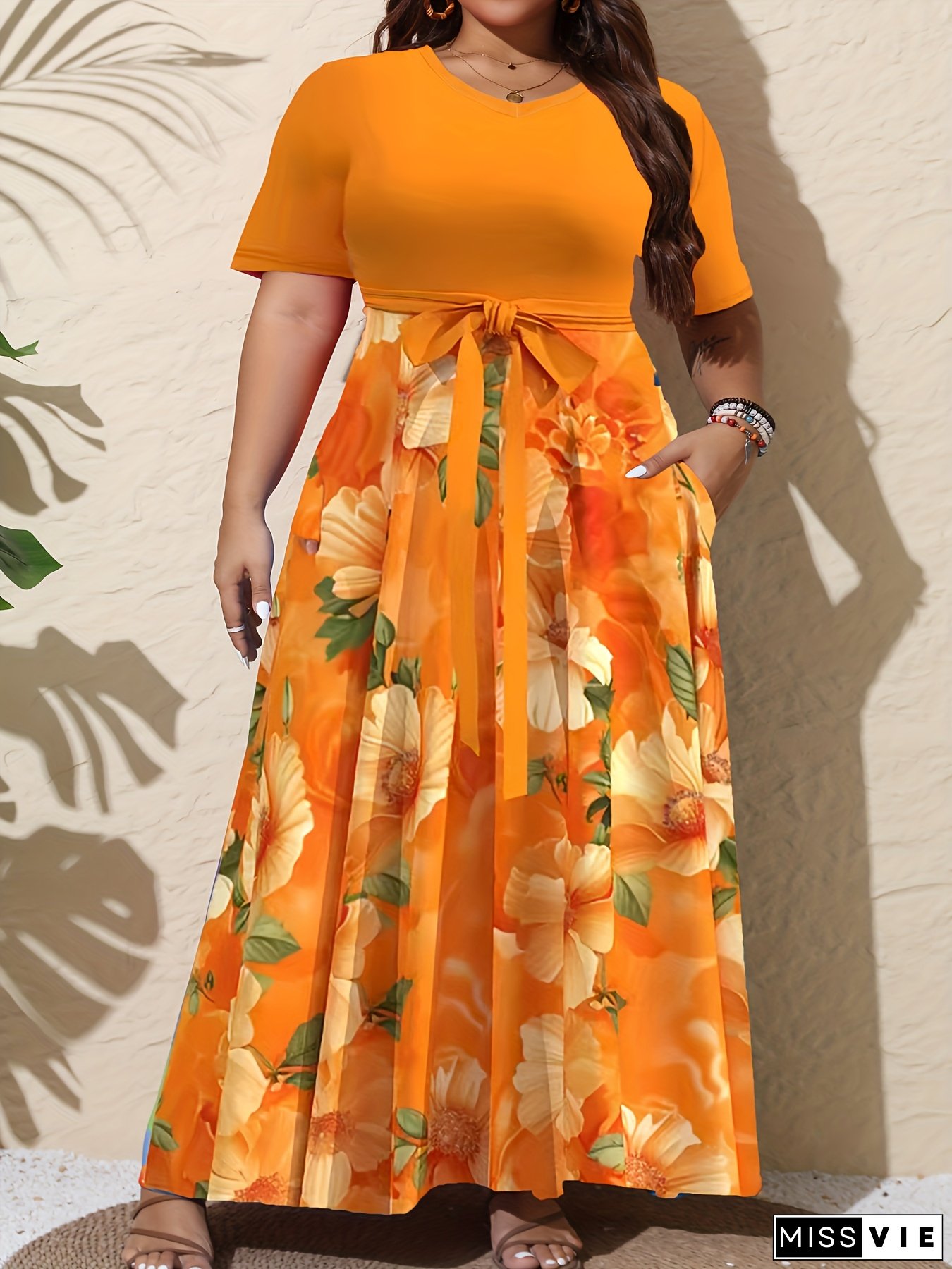 Women's Plus Size Casual Dress - Stylish Floral Print V-Neck Short Sleeve Maxi Dress with Pockets, Color Block Design in Red, Purple, White & Green, Perfect for Spring/Summer/Fall, Plus Size Dress