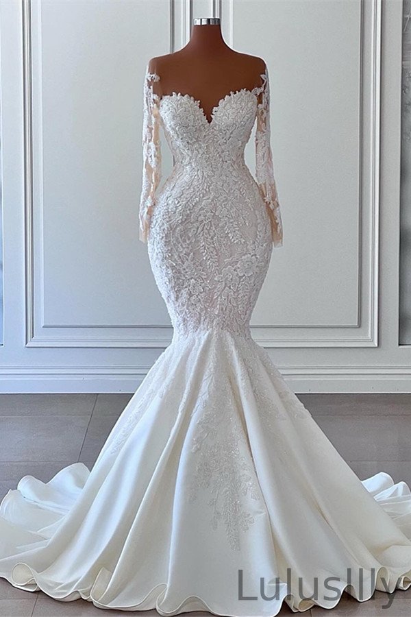 New Arrival Long Sleeves Sweetheart Mermaid Wedding Dress With Appliques - lulusllly