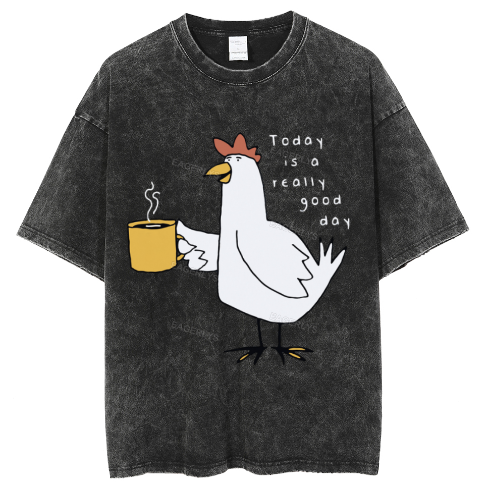 Eagerlys A Good Day Unisex Oversized Print Vintage Wash Denim T-Shirt Eagerlys
