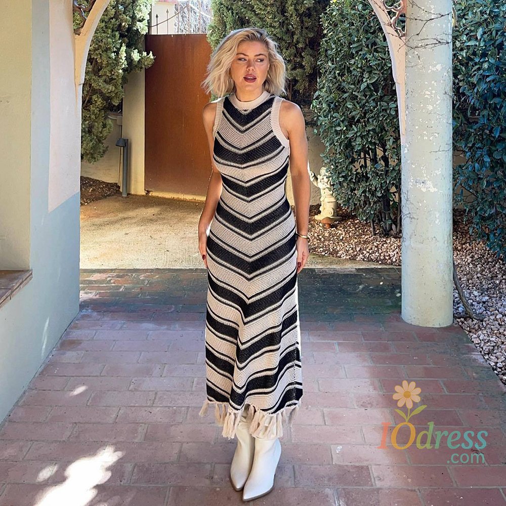 IO Dress Summer Knitted Beach Dress Women Elegant Fashion Tassel Striped Long Dresses Summer Slim Bohemian Holiday Outfits 2025 Beachwear IO Dress