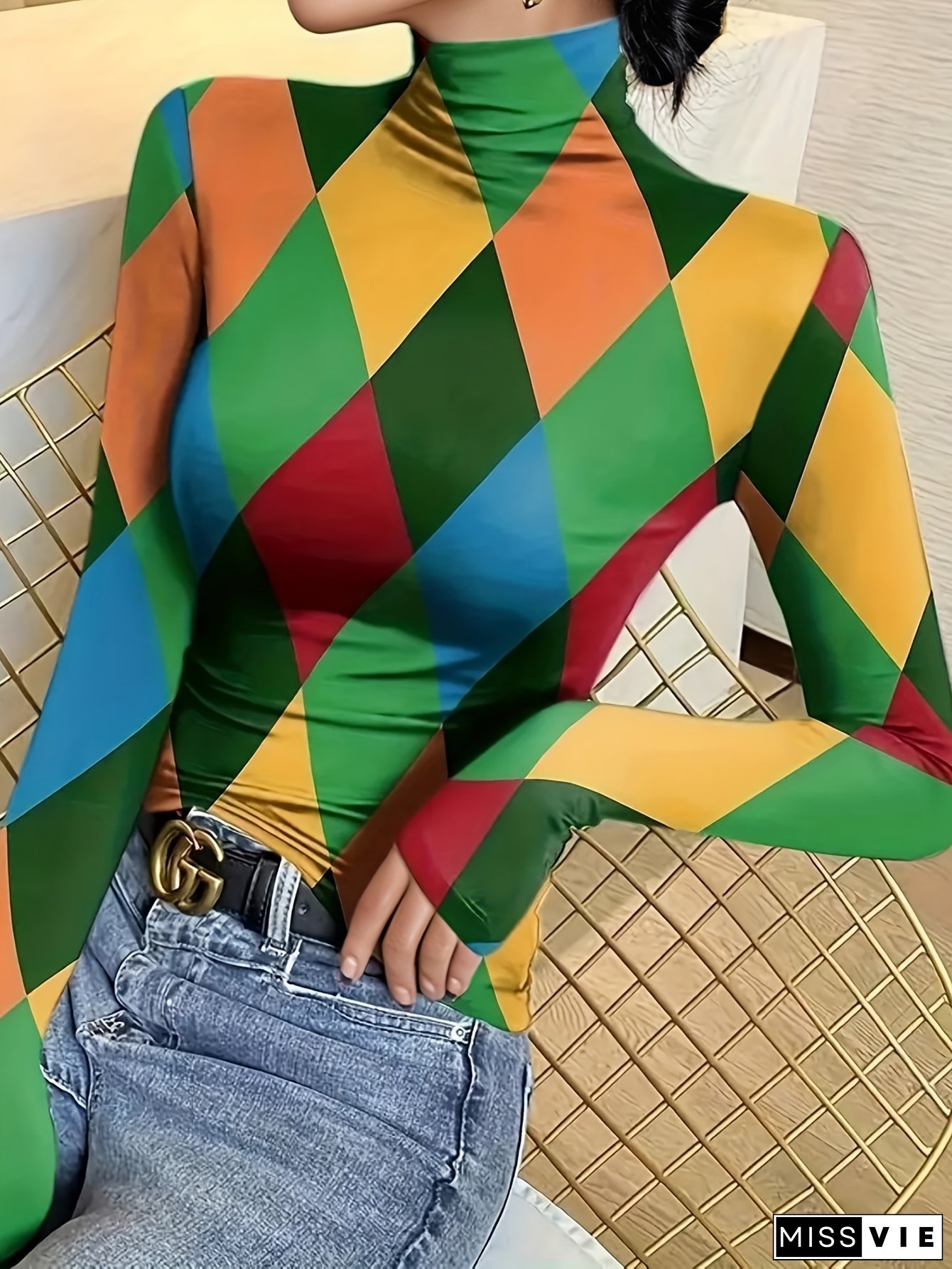 2024 Spring/Fall Geometric Pattern High Stretch Women's Plus Size Casual Long Sleeve T-Shirt - Polyester 95% Spandex 5% - 200g/m&sup2; High Neck Knit Fabric Top