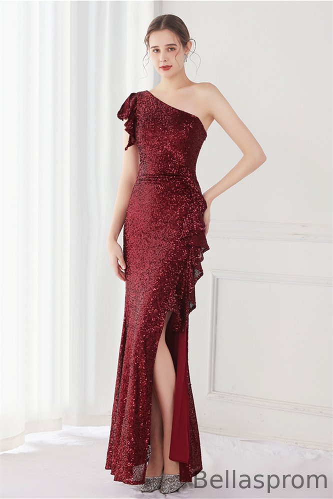 Bellasprom One Shoulder Ruffles Evening Dress Mermaid Sequins With Split YE0088 Bellasprom