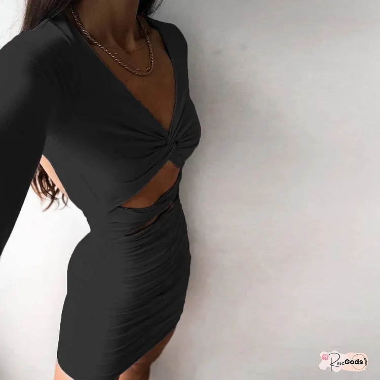 Deep V-Neck Backless Hollow Pleated Fashion Dress