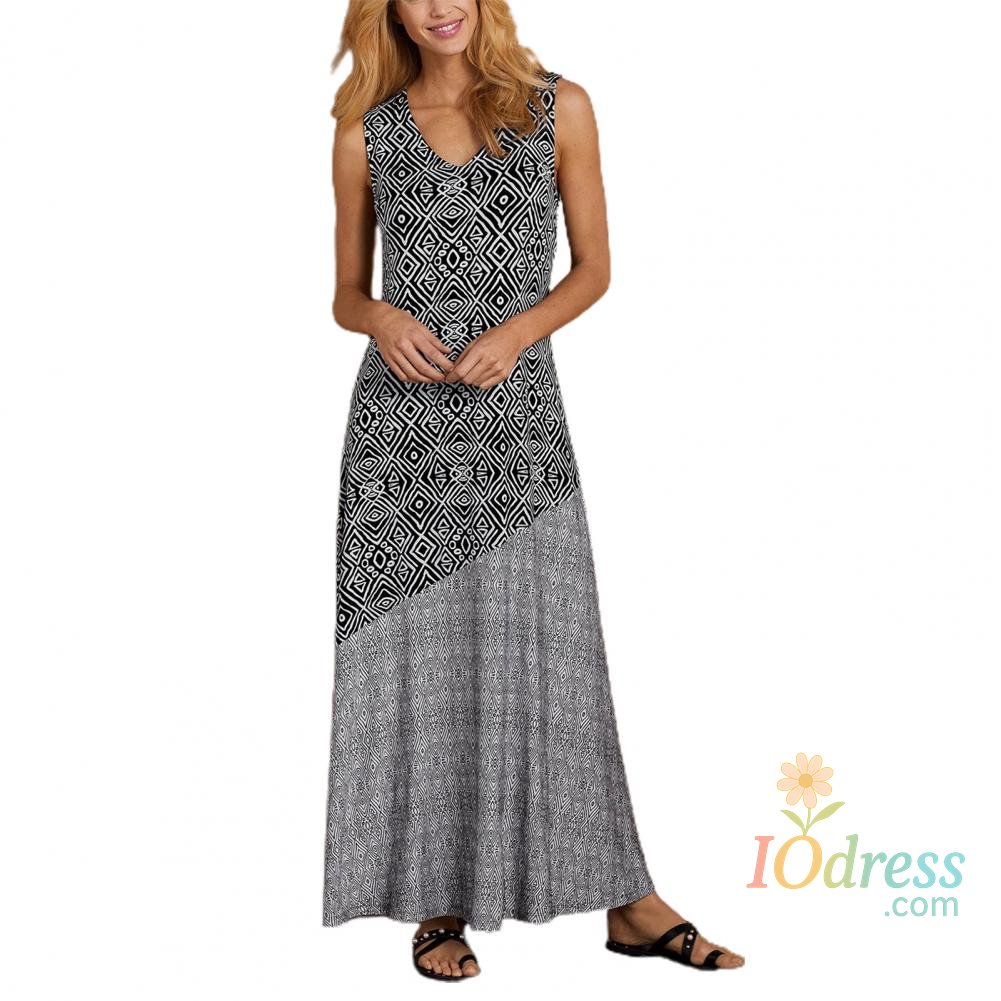 IO Dress Geometric Print Dress women Vintage Bohemian Sling Dress Sleeveless V Neck Wide Hem Loose Dress Beach Dress Casual Female Dress IO Dress
