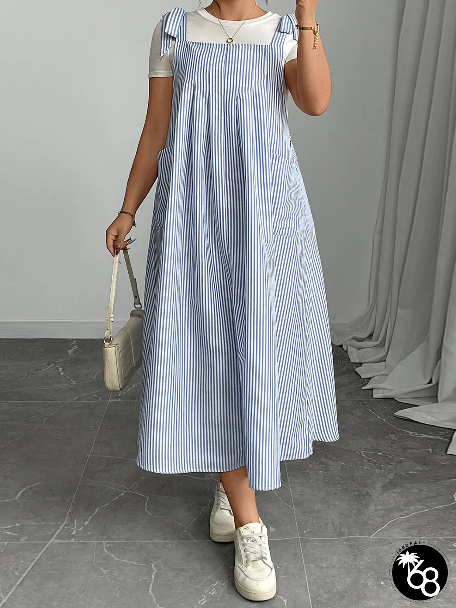 Plus Size Y2K Womens Spring Summer Overall Dress Sleeveless Tie Shoulder Loose Striped | 168DEAL