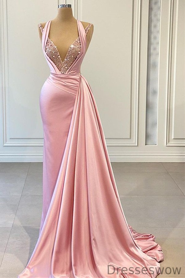Dresseswow Pink Halter Mermaid Prom Dress Sleeveless V-Neck Ruffles With Sequins