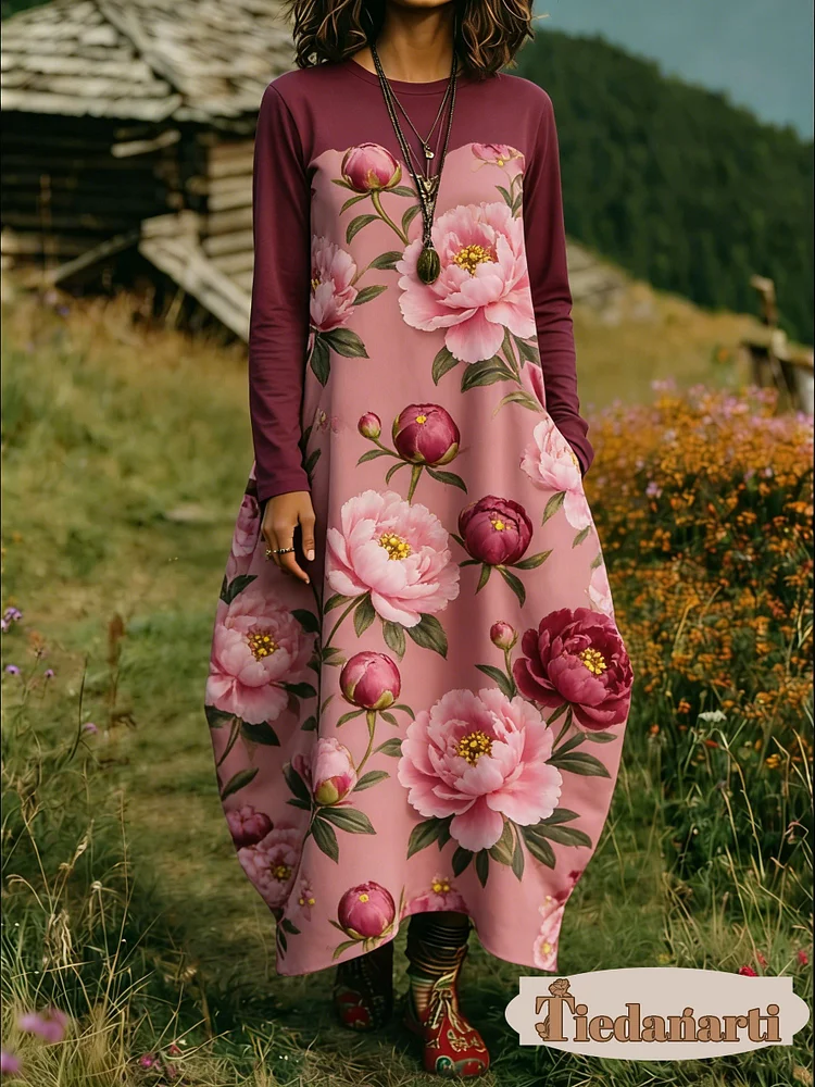 Women's Floral Print Crew Neck Long Sleeve Cotton Pocket Dress