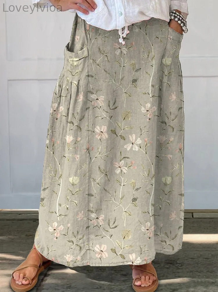 Women's Vintage Floral Art Linen Pocket Skirt