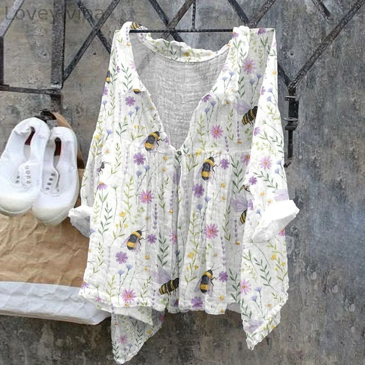 Ladies Casual Floral Bee Pattern Cotton Linen Shirt