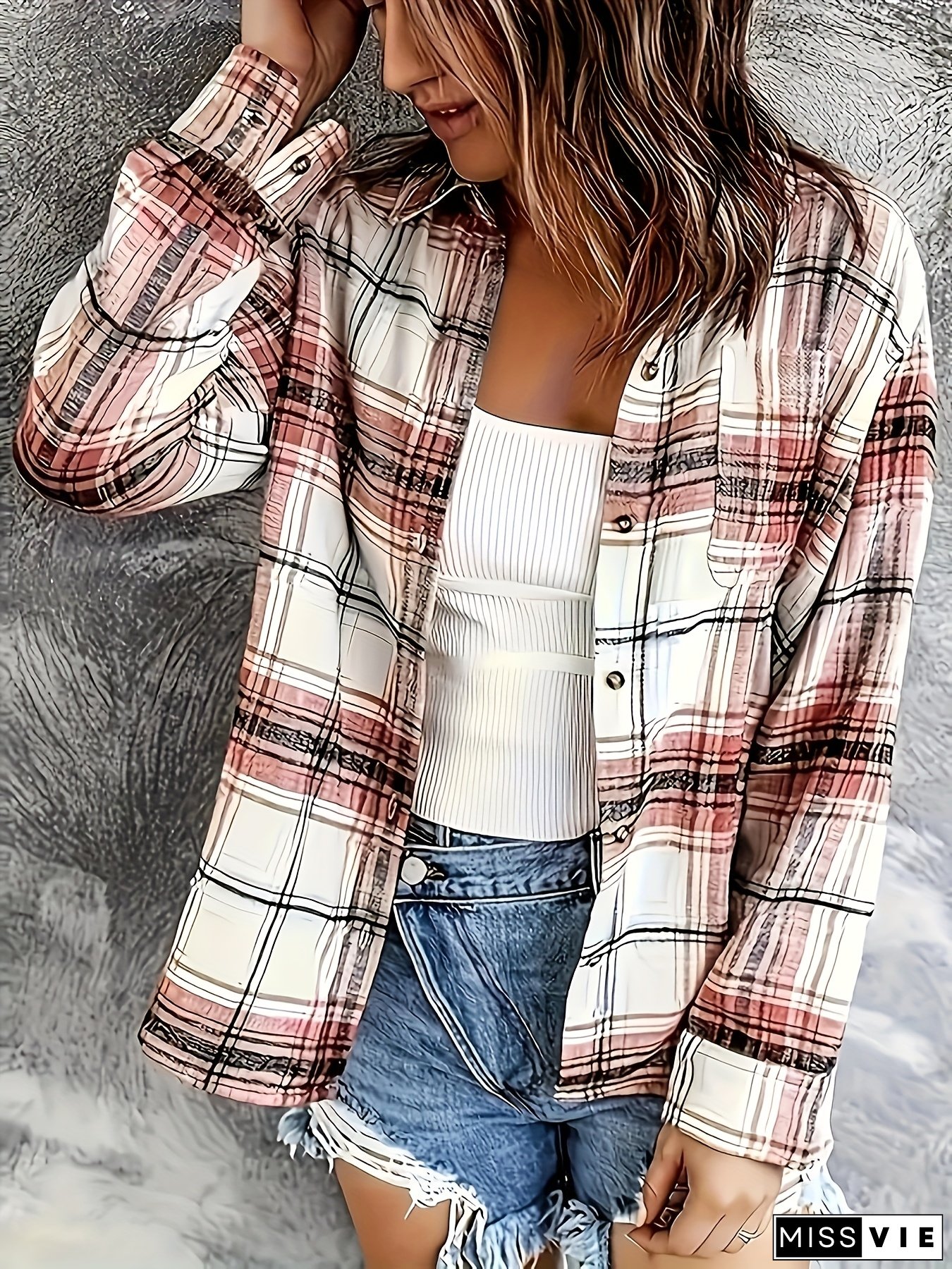 Women&lsquo;s Plaid Print Long Sleeve Turn Collar Shacket - Casual Button Up Coat With Relaxed Fit, Soft Fabric, And Chic Design - Perfect For Autumn And Winter Outings