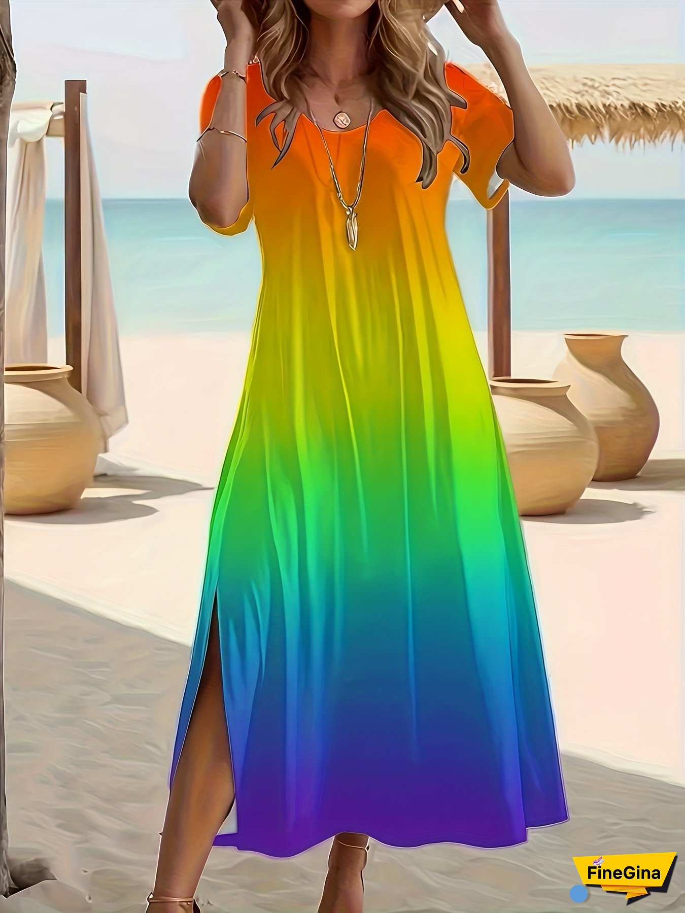 Elegant Plus Size Rainbow Print Maxi Dress For Women - V-Neck, Short Sleeve With Side Slit, Loose Fit, Summer Beachwear, Vibrant Rainbow Pattern, V-Neck Dress | Flowing Silhouette | Polyester Fabric