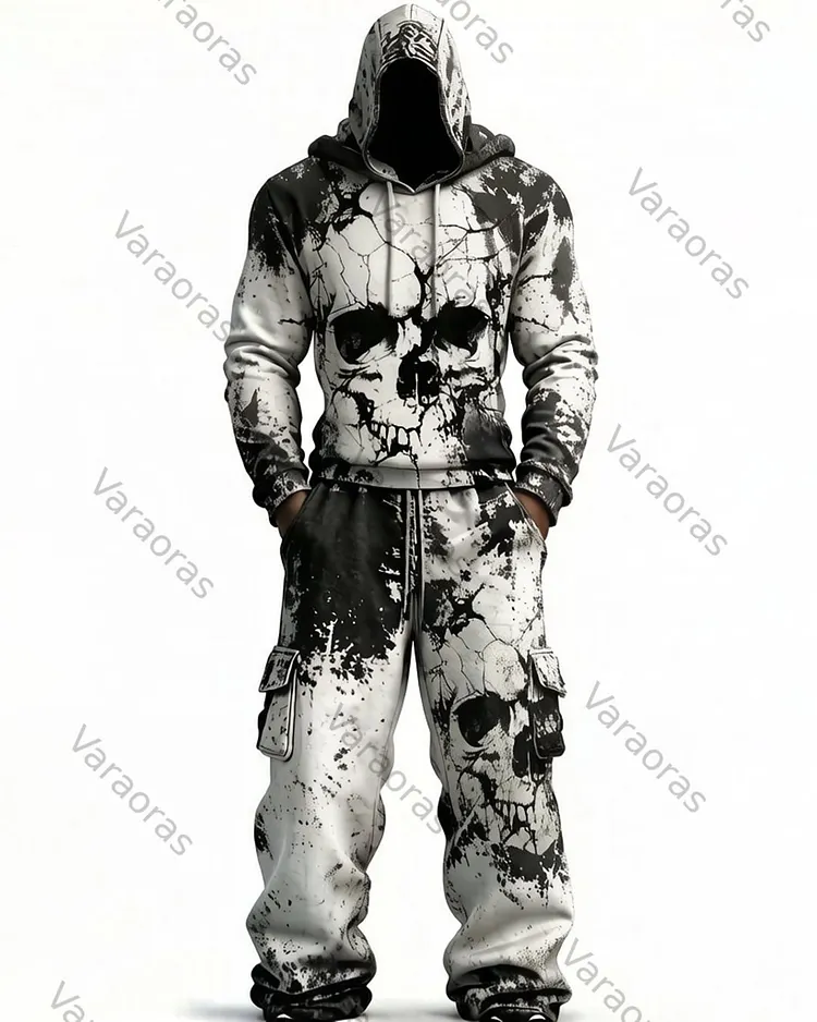 Men's Fashion Skull Contrast Color Embroidered Hoodie & Pants Two-Piece Set 9862