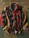 Unisex Vintage Line Wave Art Print Cotton Lapel Pocket Long Sleeve Shirt