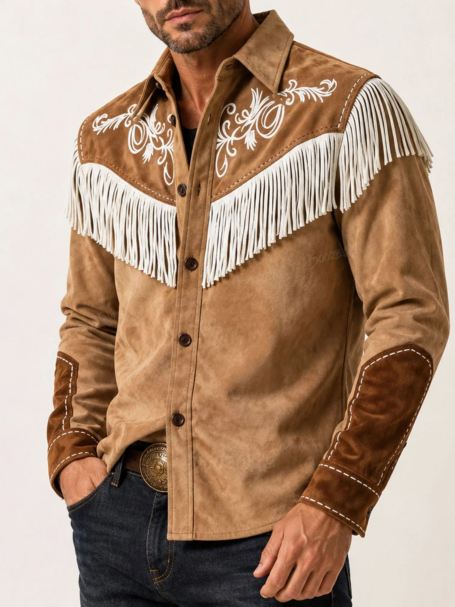 Texas Rodeo Heritage &mdash; Tan Suede Button-Down Fringe Shirt with Contrast Elbow Patches for Men