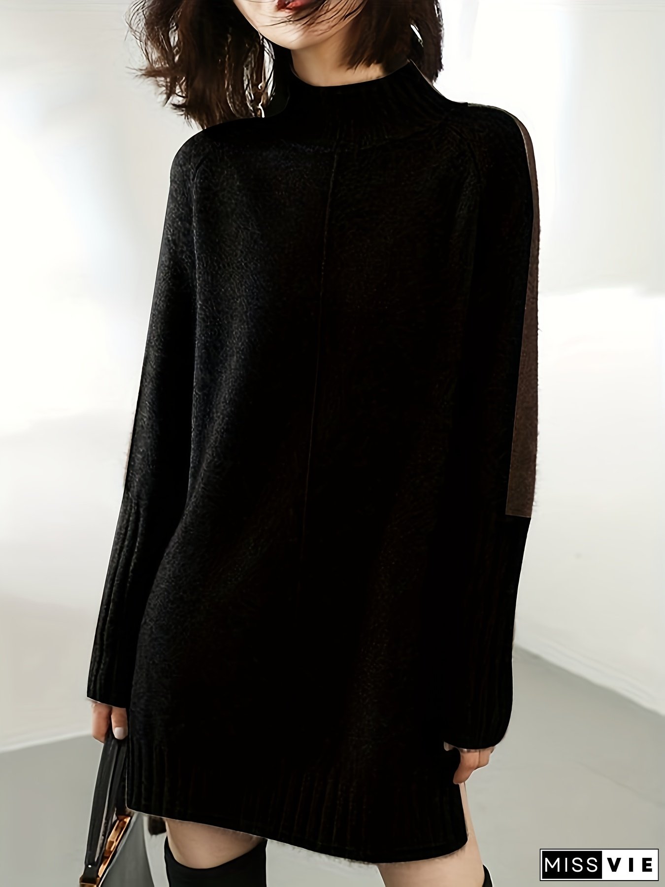 Women's Winter New Loose Elegance Long Sleeves Contrast Color Half Turtleneck Sweater Dresses