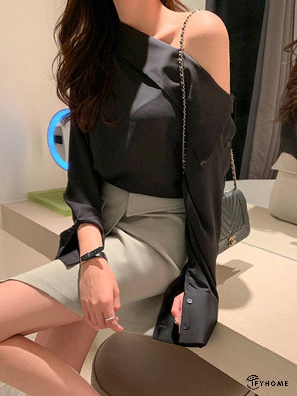 Long Sleeves Buttoned Solid Color Split-Joint Off-The-Shoulder Blouses&Shirts Tops | IFYHOME