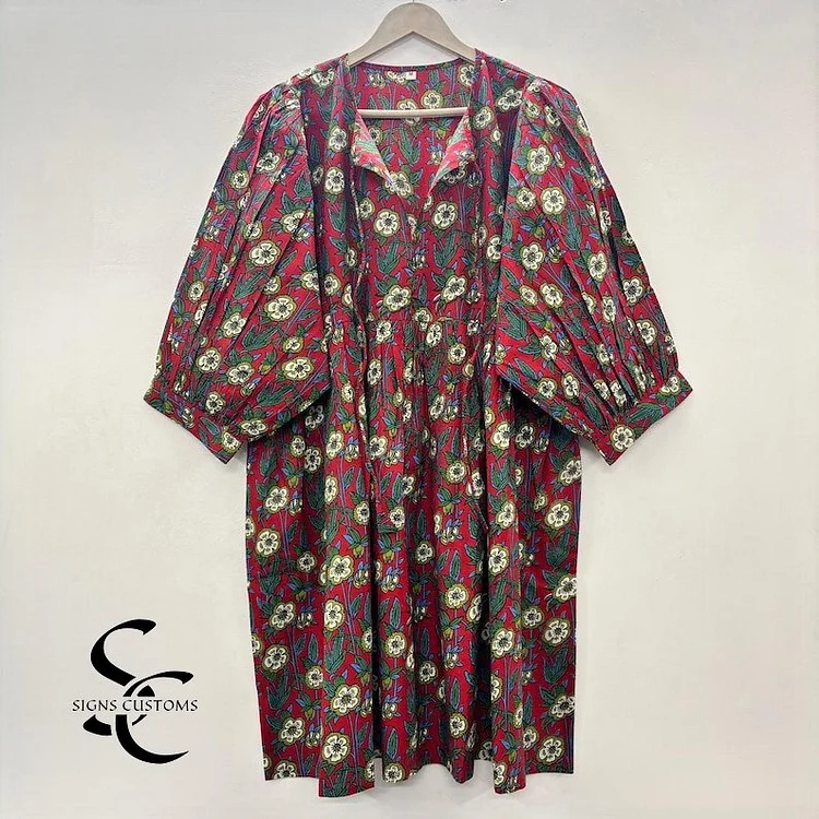 Pink Block Print Soft Cotton Summer Woman Midi Dress &ndash; Tunic for Women with String Closure