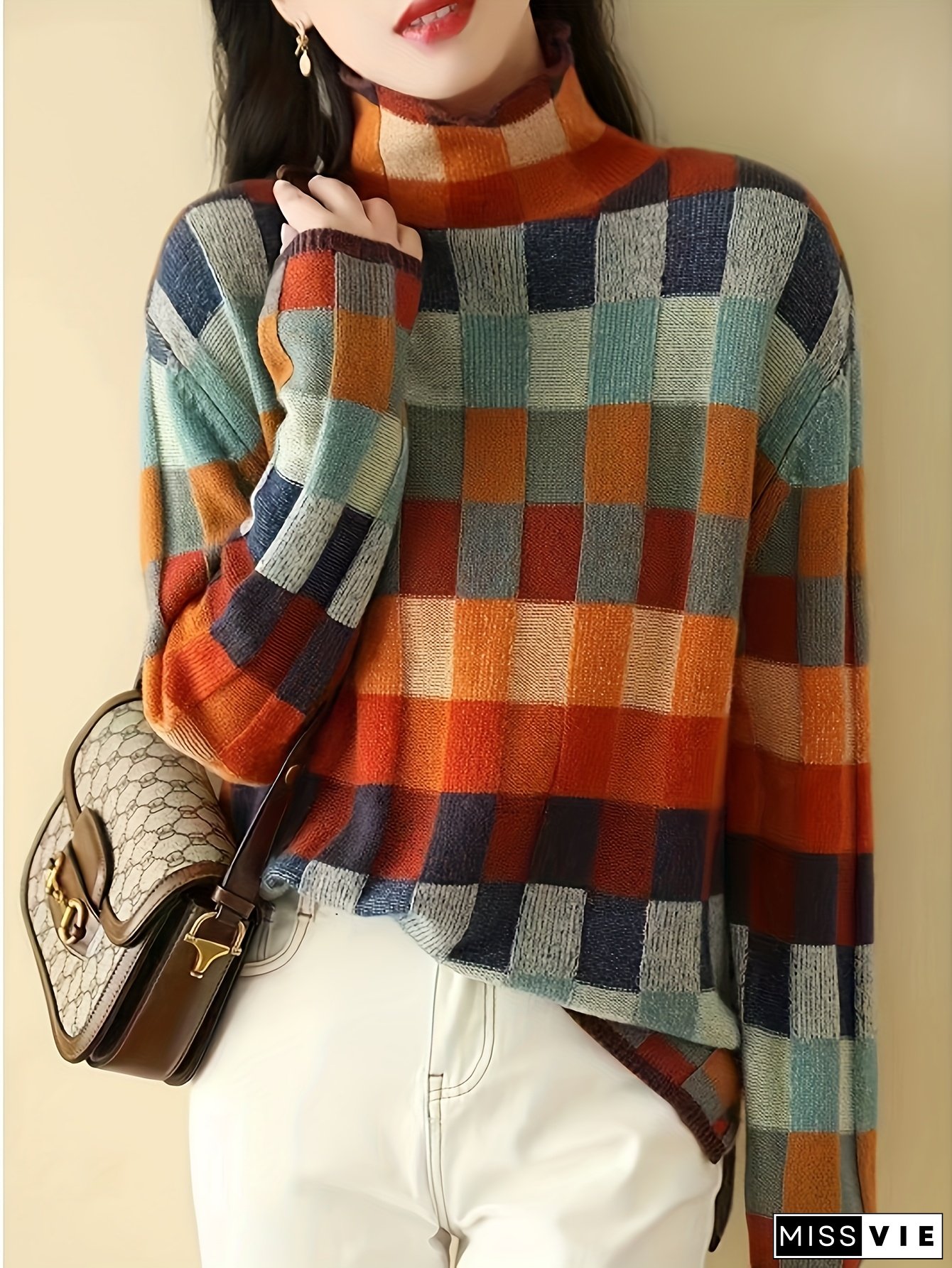 Women's Elegant Turtleneck Sweater - Soft Long Sleeve Sweater in Brown/Orange/Teal/Black/White/Red/Gray/Beige/ - Machine Washable Winter Sweater for Everyday & Formal Outfits - Non-See-Through Fabric, Seasonal Wardrobe Staple, Geometric Pattern Design