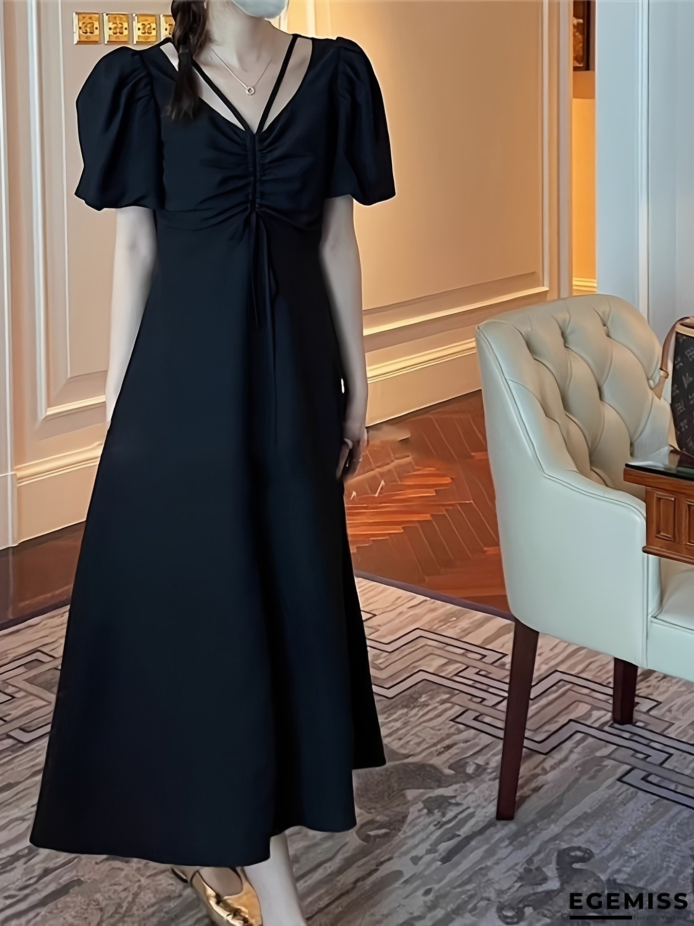 Women's Elegant Design Drawstring Pleated A-Line Midi Dress With Flared Hem, Machine Washable, Perfect For Spring And Summer Wear | EGEMISS