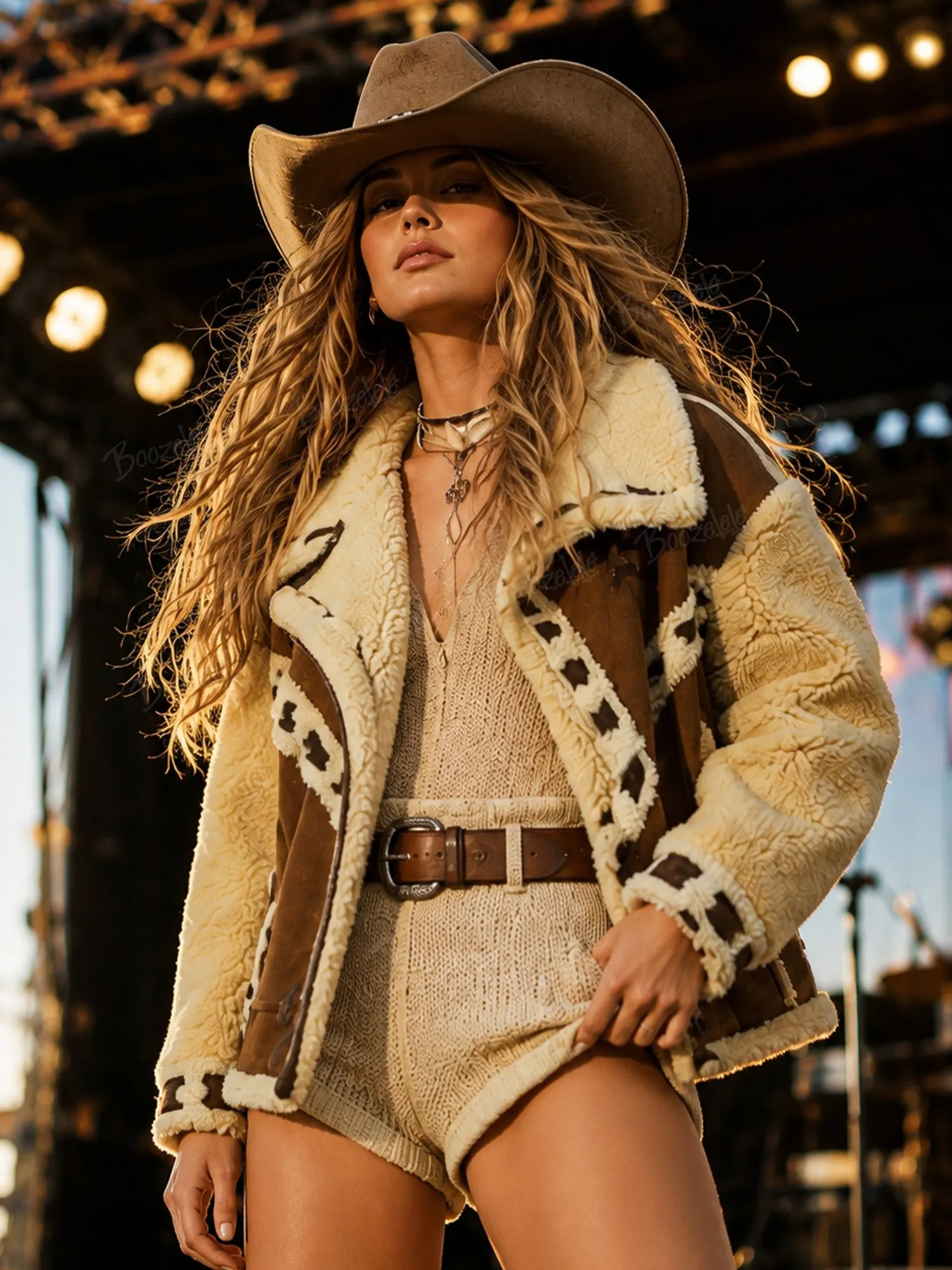 Perfect for fall and winter country music festivals &mdash; Women's brown and beige faux lamb's wool lining Western-style coat.