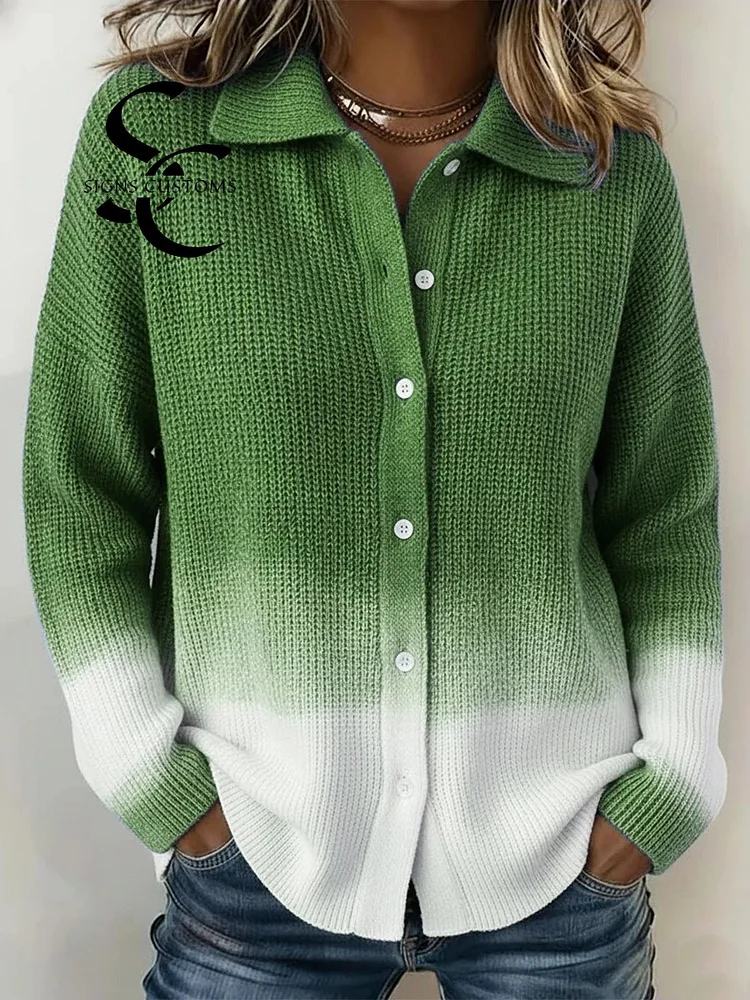 Casual Gradient Blue Shirt Button Knit Sweater