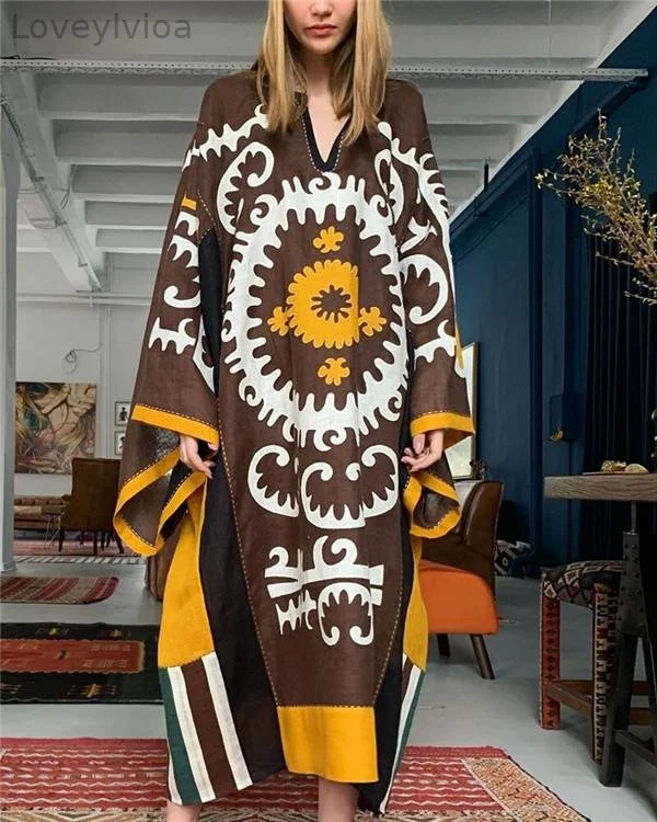 V-Neck Print Loose Straight Linen Dress