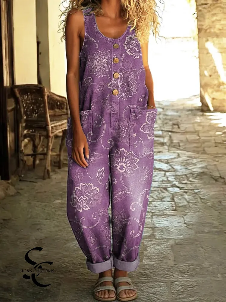 Women's Vintage Floral Pattern Art Print Casual Cotton Denim Jumpsuit