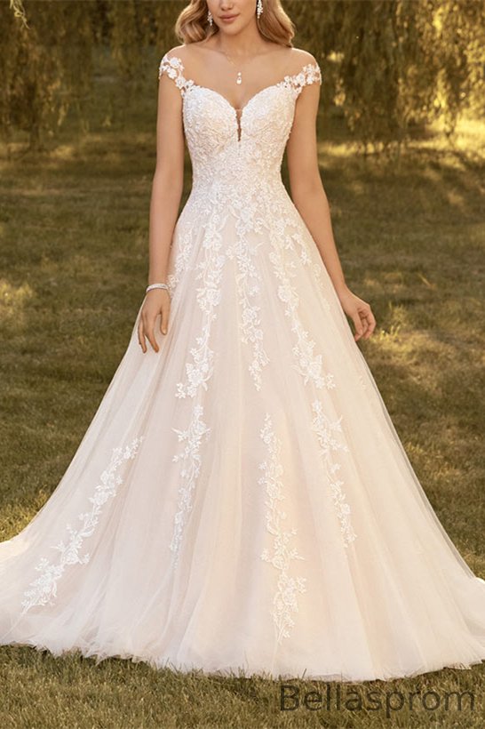 Bellasprom Cap Sleeves V-Neck Princess Wedding Dress Long With Appliques Online Bellasprom