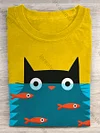 Unisex Funny Cat Illustration Printed Casual Short-Sleeved T-Shirt