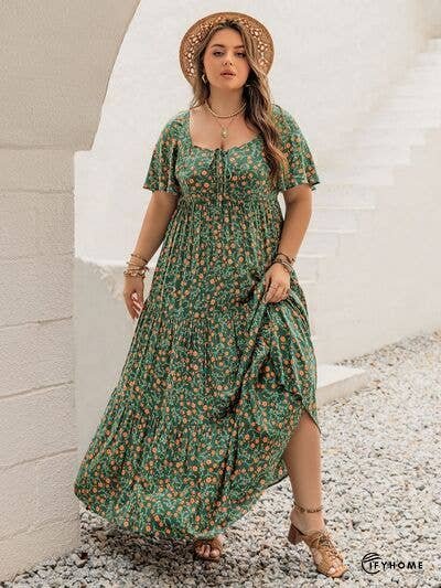 Plus Size Printed Short Sleeve Tiered Maxi Dress | IFYHOME