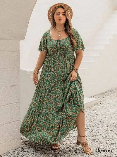 Plus Size Printed Short Sleeve Tiered Maxi Dress | IFYHOME