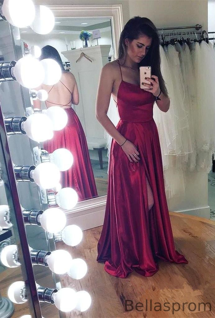 Bellasprom Long Evening Gowns Split With String Back Spaghetti-Straps Bellasprom