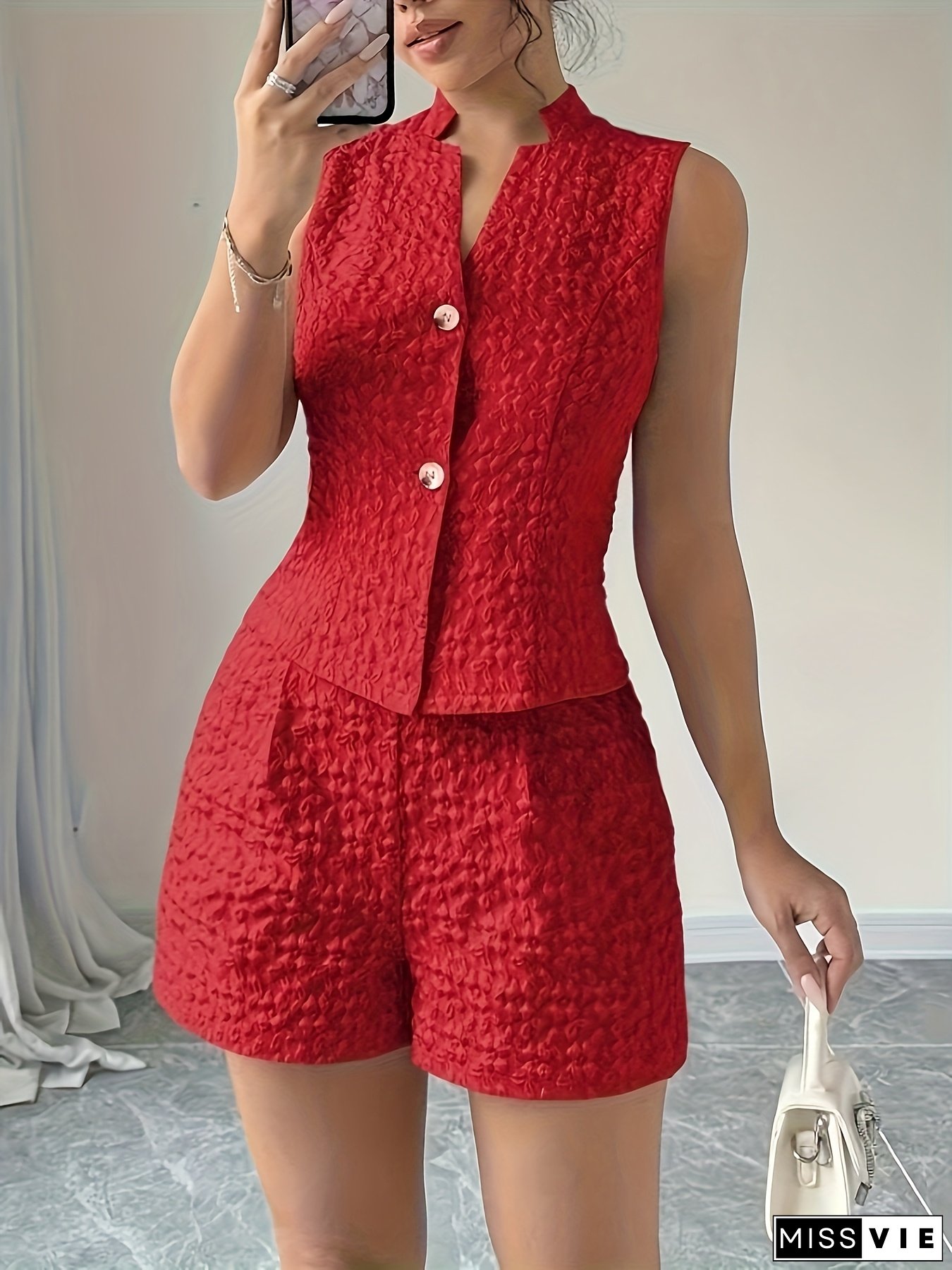 Cat Ear Directional Women&lsquo;s Casual Solid Color Jacquard Fabric Tank Top And Shorts Set