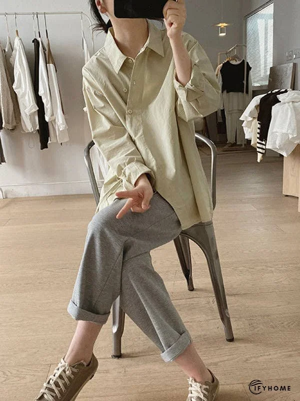 Loose Long Sleeves Frenum Solid Color Lapel Blouses | IFYHOME