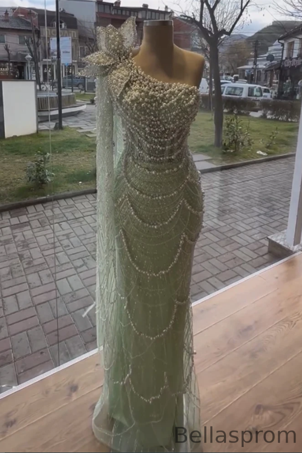 Bellasprom Sage Green One Shoulder Pearls Evening Gown Long With Sequins Beads Bellasprom