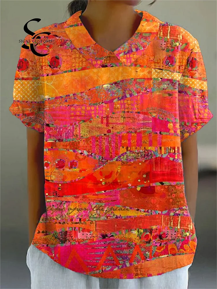 Women's Abstract  Art  Print Casual Cotton And Linen Shirt