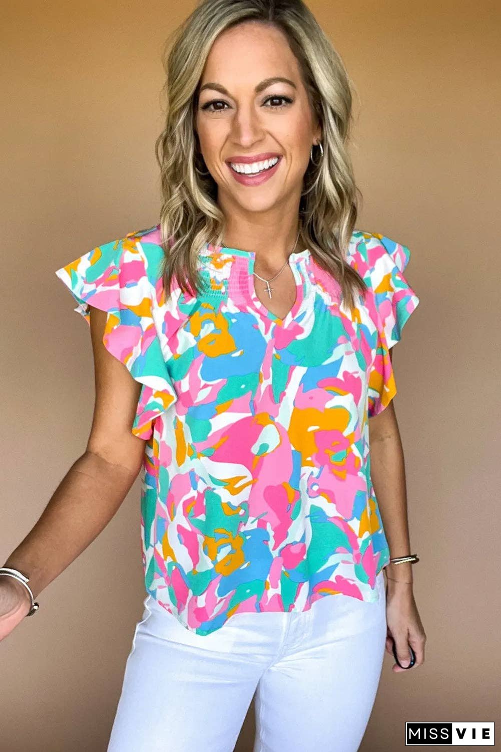 Multicolour Abstract Print Notched Neck Flutter Sleeve Blouse