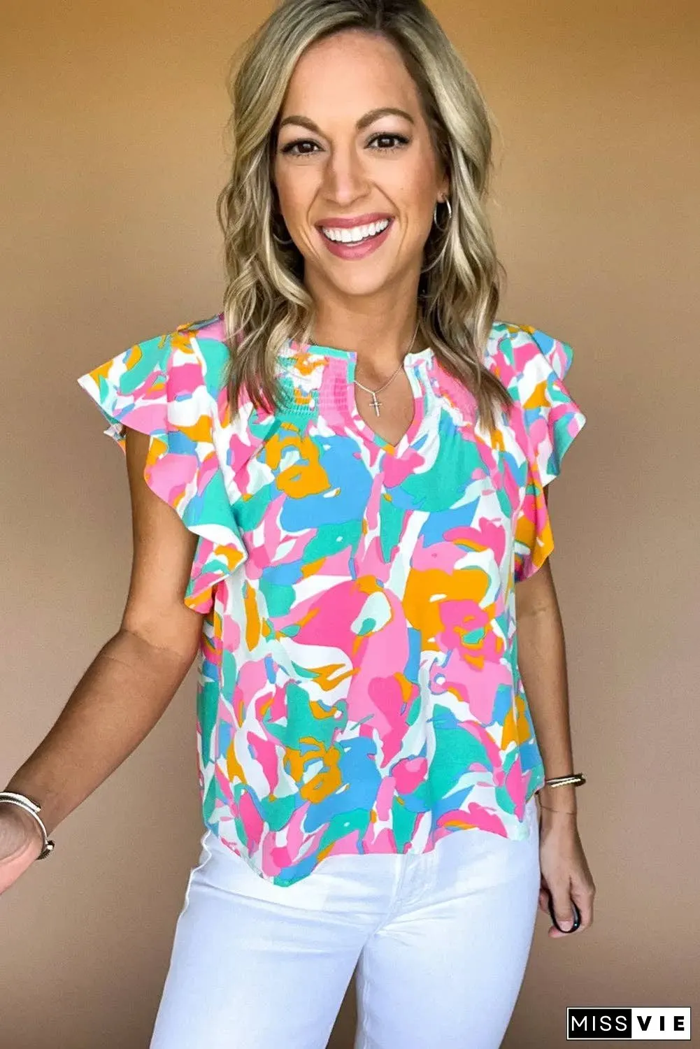 Multicolour Abstract Print Notched Neck Flutter Sleeve Blouse