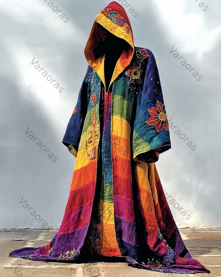 Men's Summer Fashion Boho-Style Patchwork Embroidered Linen Hooded Cape 9265