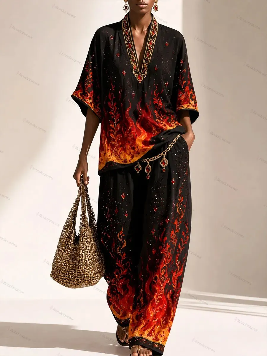 Black & Flame Orange Kaftan Set &ndash; Dramatic Boho Luxury Resort Wear