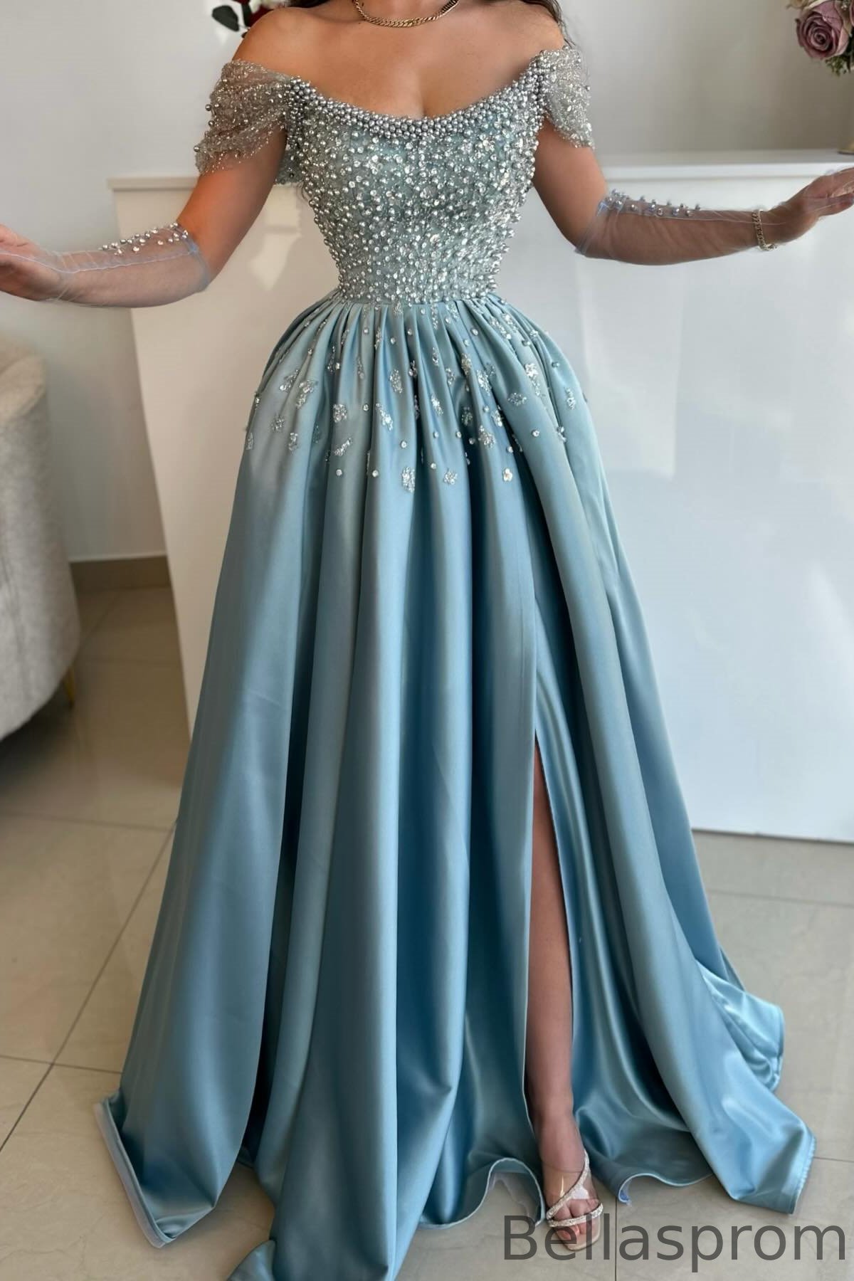 Bellasprom Dusty Blue Off-the-Shoulder Sweetheart Mermaid Prom Dress Pearls With Split Gloves Beadings Bellasprom