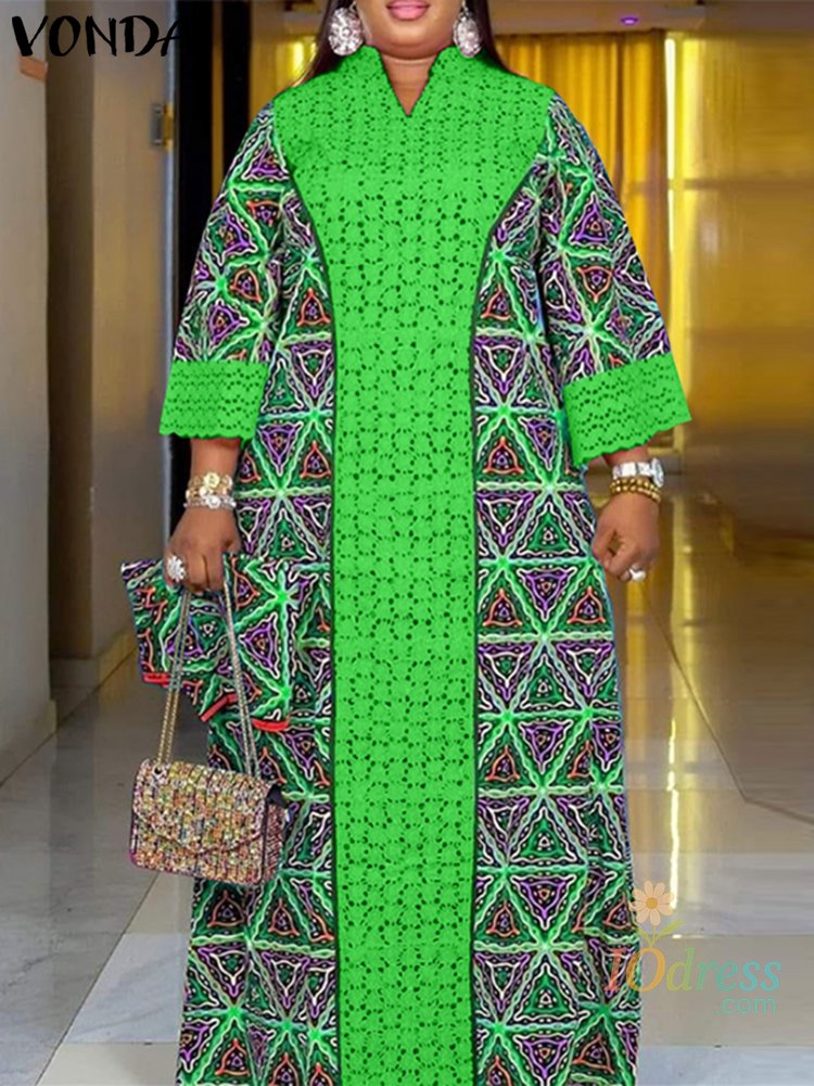 IO Dress Women Floral Printed Maxi Dress 2025 VONDA Autumn Long Sleeve Loose Long Robe Bohemian Vestidos Oversize V-neck Sundress Baggy