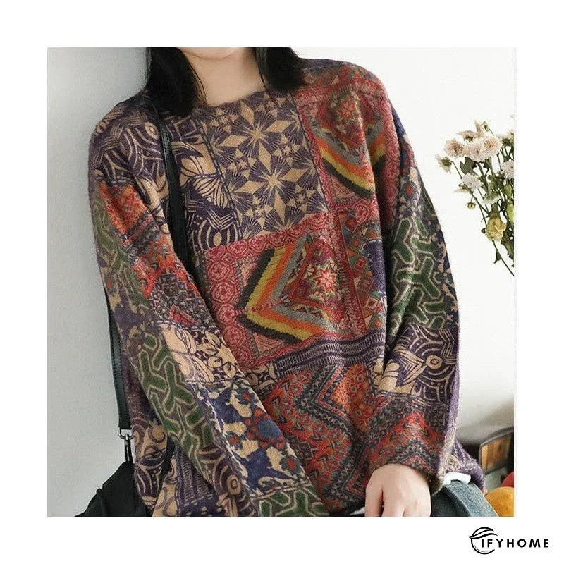 Women's Floral Print Round Neck Sweater With Medium Length | IFYHOME