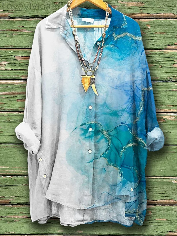 Women's Abstract Print Casual Cotton And Linen Shirt