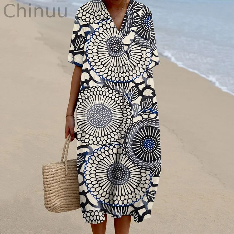 Japanese Art Print V-Neck Loose Midi Dress