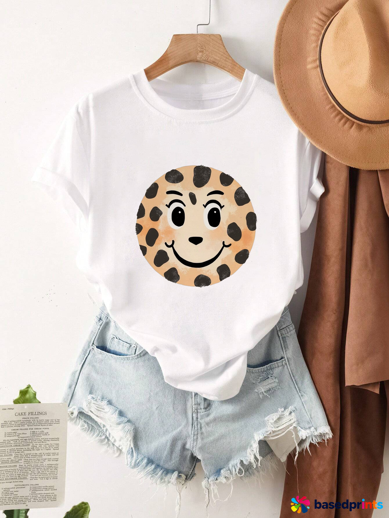 Leopard Print Smiling Face T-Shirt Women Summer Casual Short Sleeve Tee Tops