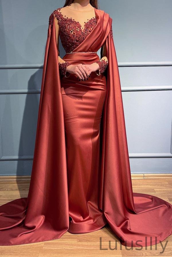 Modern Rust Long Sleeves Prom Dresseses Mermaid With Lace Appliques Ruffles - lulusllly