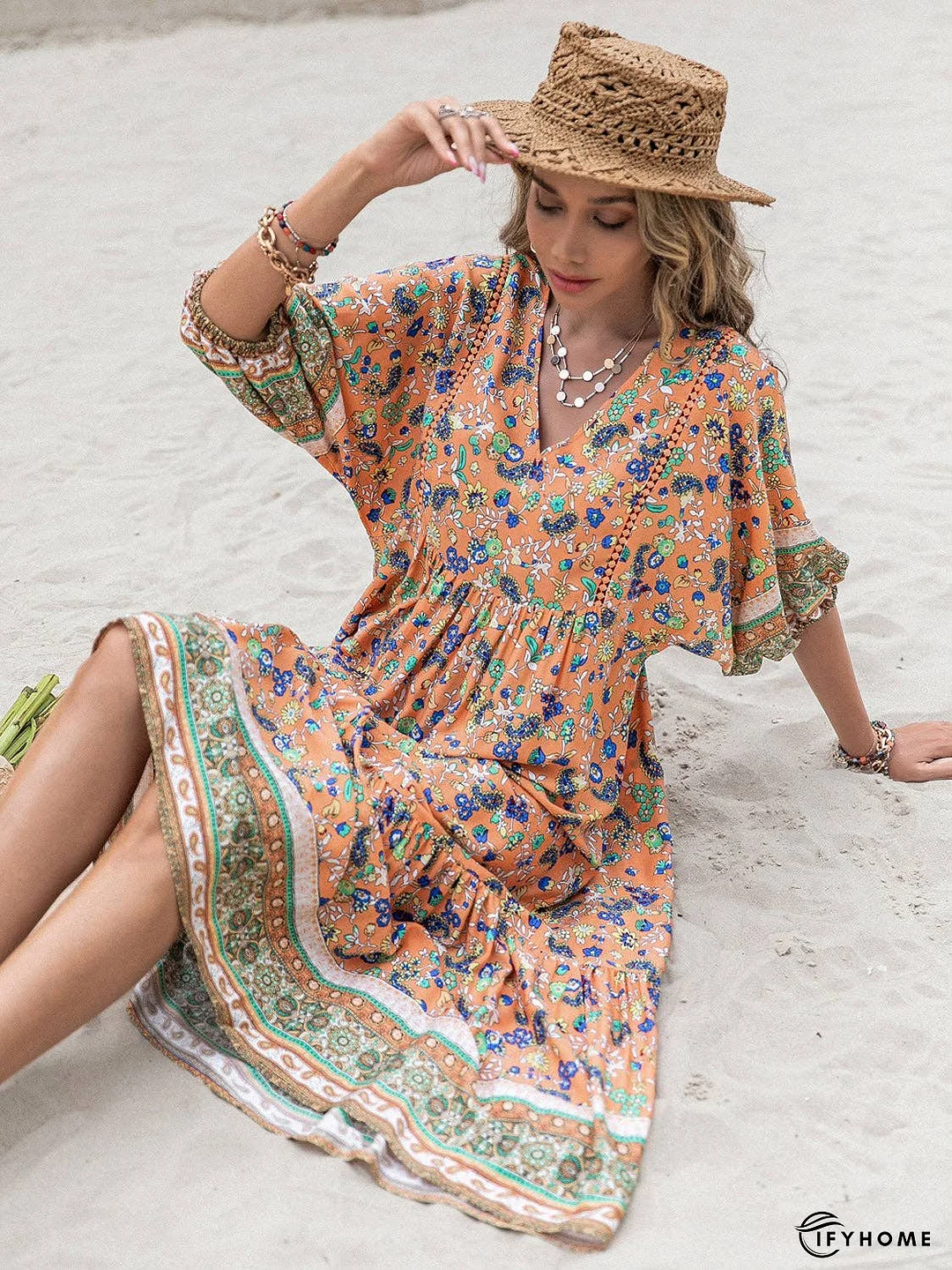 Printed V-Neck Short Sleeve Maxi Dress | IFYHOME